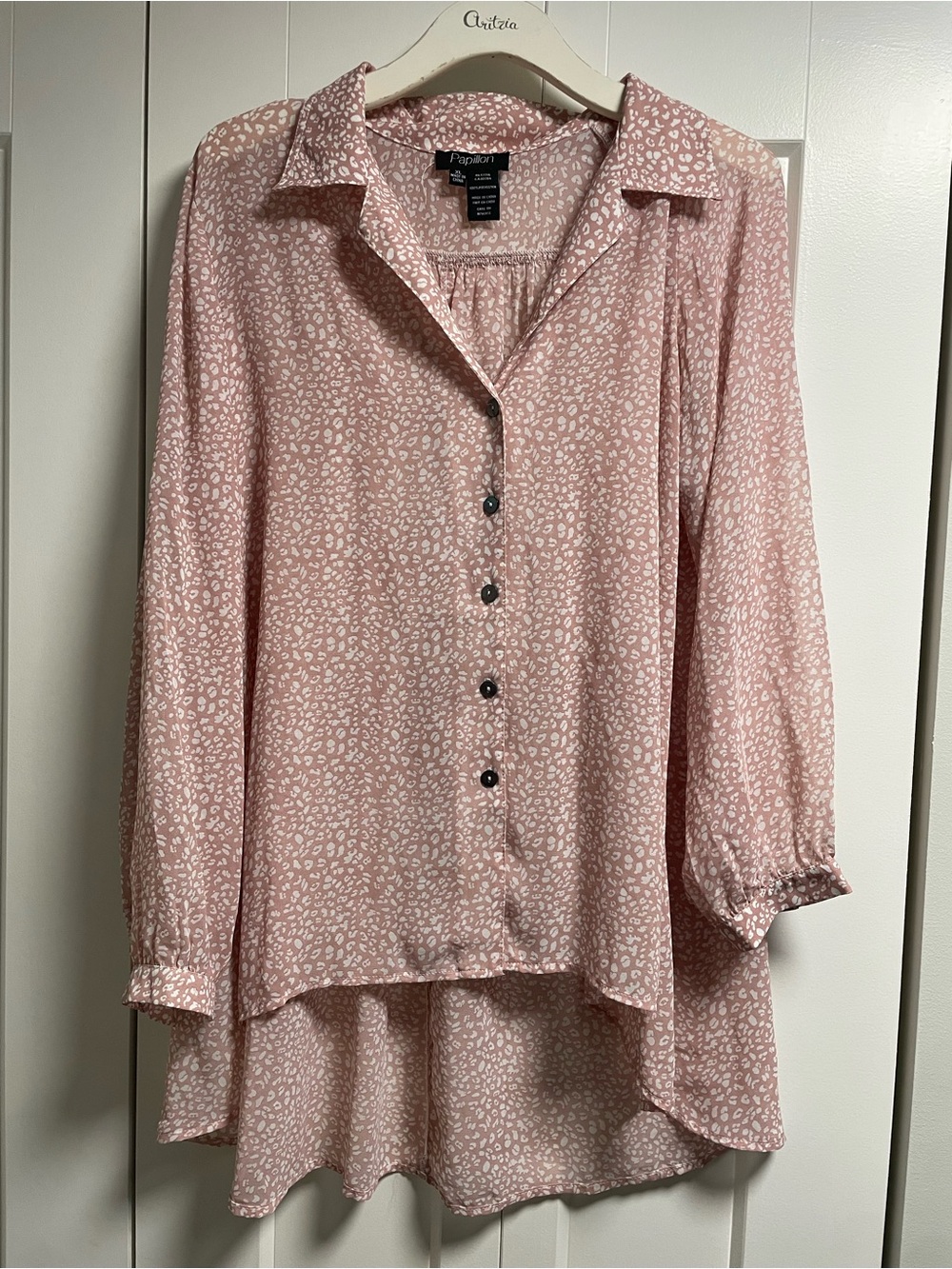 Papillon Animal Print Chiffon Button Down Blouse High Low Pink White Leopard XL